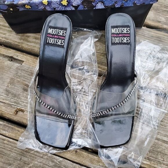 Vintage 90s Y2K Lucite Rhinestone Rachel Green Square Toe Chunky Heel Sandals - Picture 4 of 9